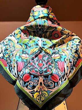 EXC Vintage Ornate Botanical Silk Foulard | Hand-Rolled Hem | Made in Japan